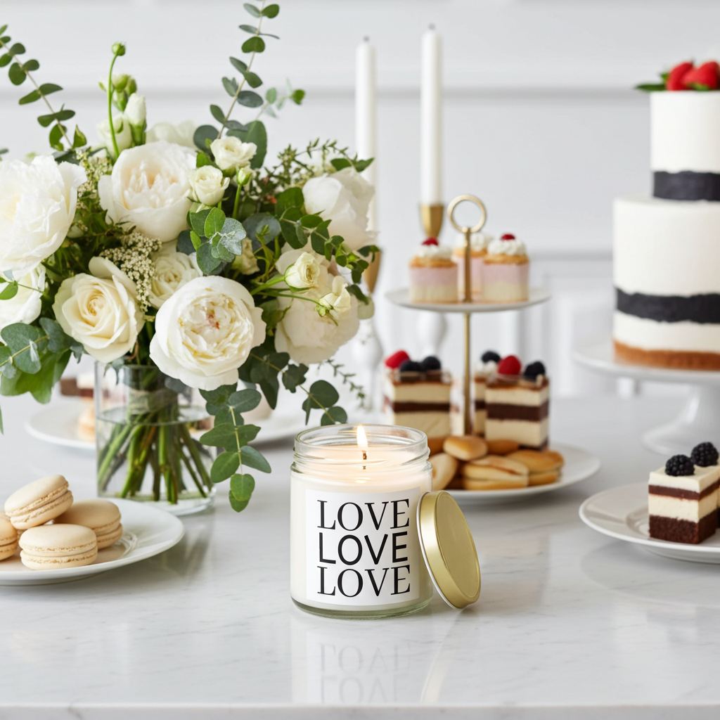 Candle with 'LOVE' text on a table with flowers, desserts, and a cake.