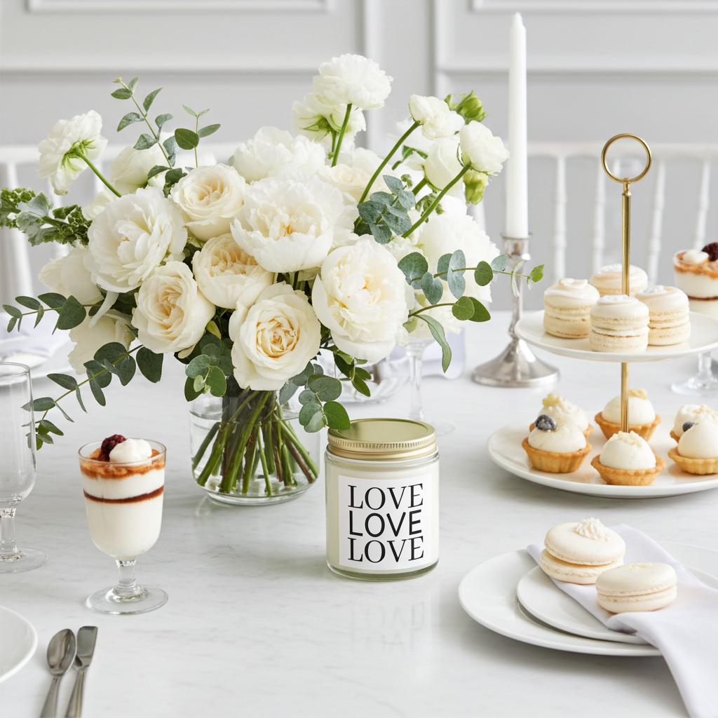 Table setting with white flowers, desserts, and a 'LOVE' candle.
