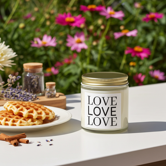Candle labeled 'LOVE LOVELOVE' on a table with waffles and flowers in the background