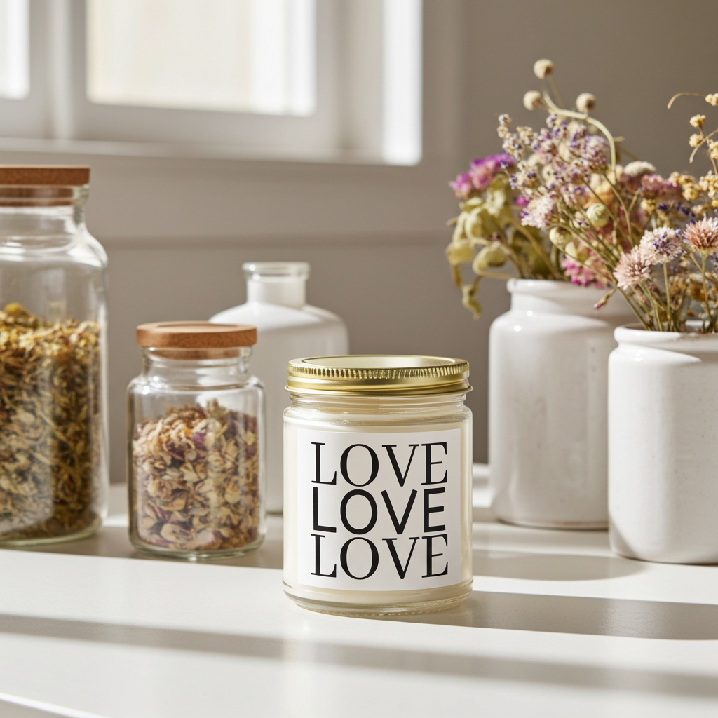 Candle with 'LOVE' text on a table with jars and dried flowers
