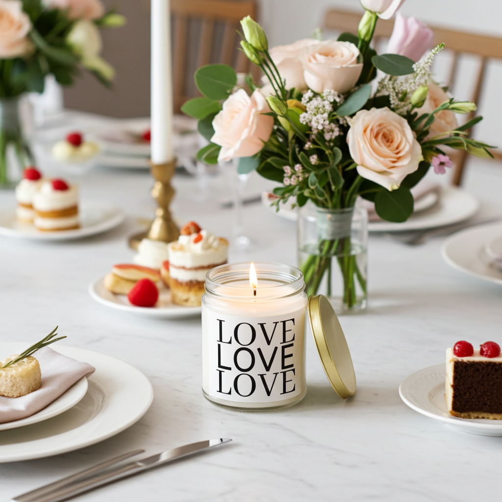 Candle with 'LOVE LOVELOVE' text on a table setting with flowers and desserts.