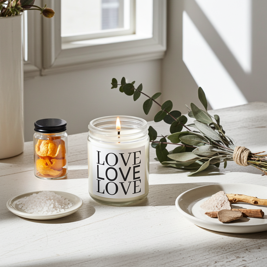 Candle with 'LOVE LOVE LOVE' text on a table with decorative items