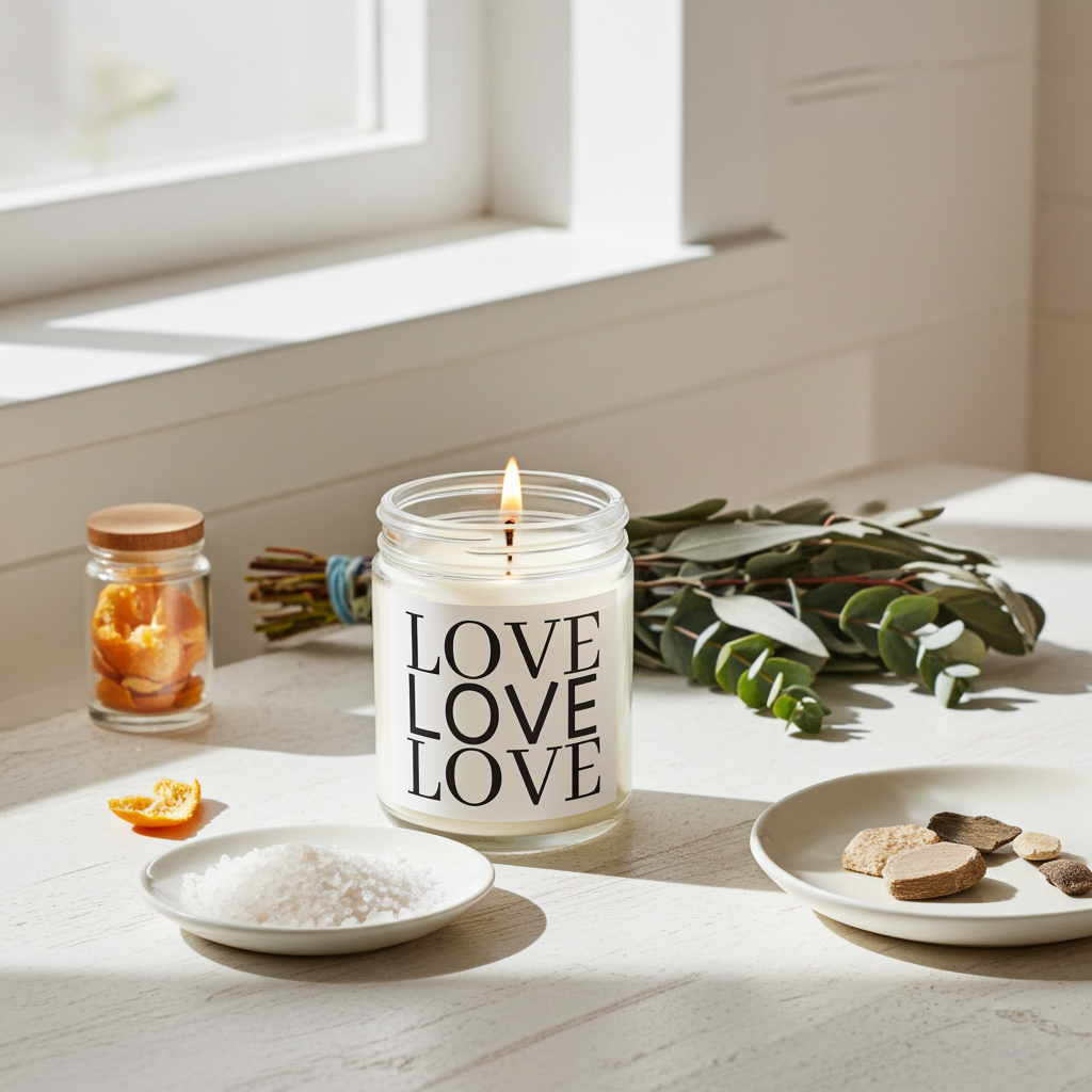 Candle with 'LOVE LOVELOVE' text on a table with decorative items