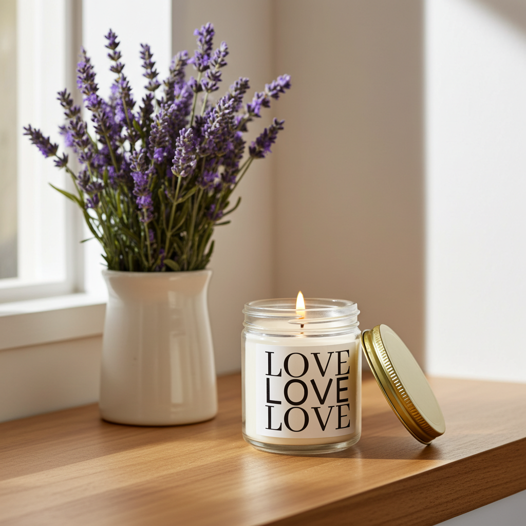 Candle with 'LOVE' text and lavender flowers on a wooden surface