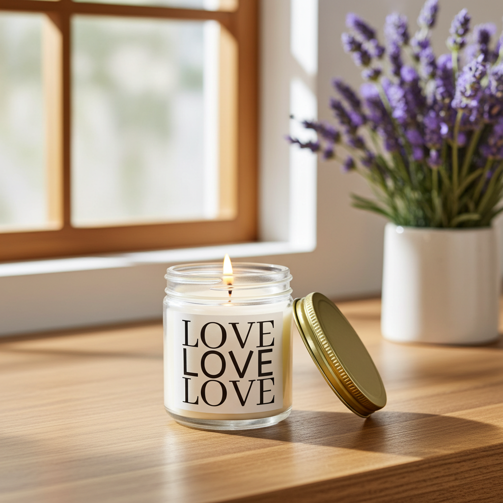 Candle with 'LOVE LOVELOVE' text on a wooden surface near a window and lavender plant.