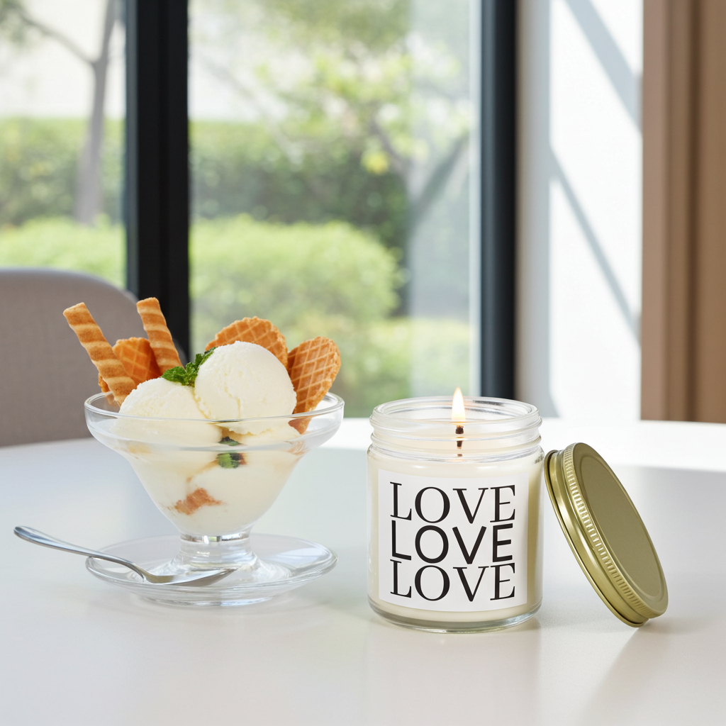 Candle labeled 'LOVE LOVELOVE' next to a bowl of ice cream with cookies on a table.