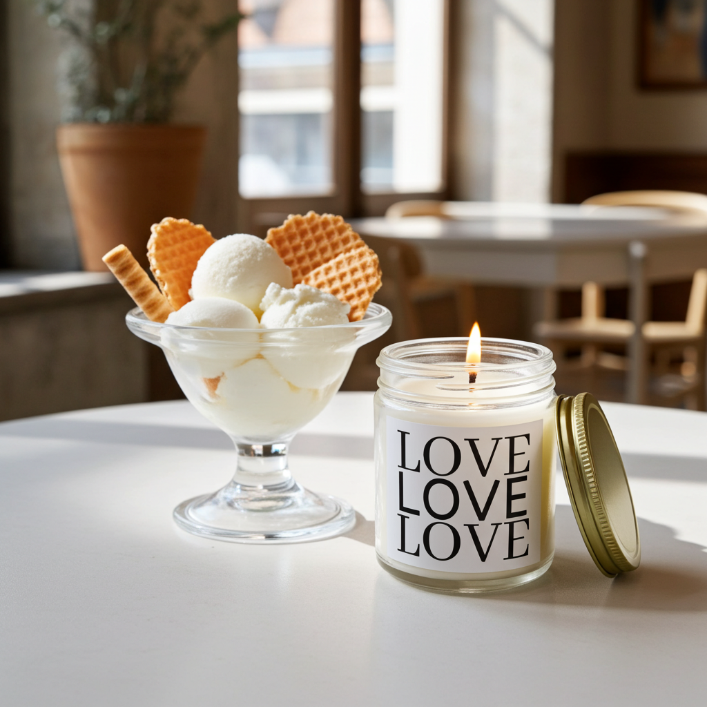 Candle labeled 'LOVE' next to a dessert with waffles and ice cream on a table.