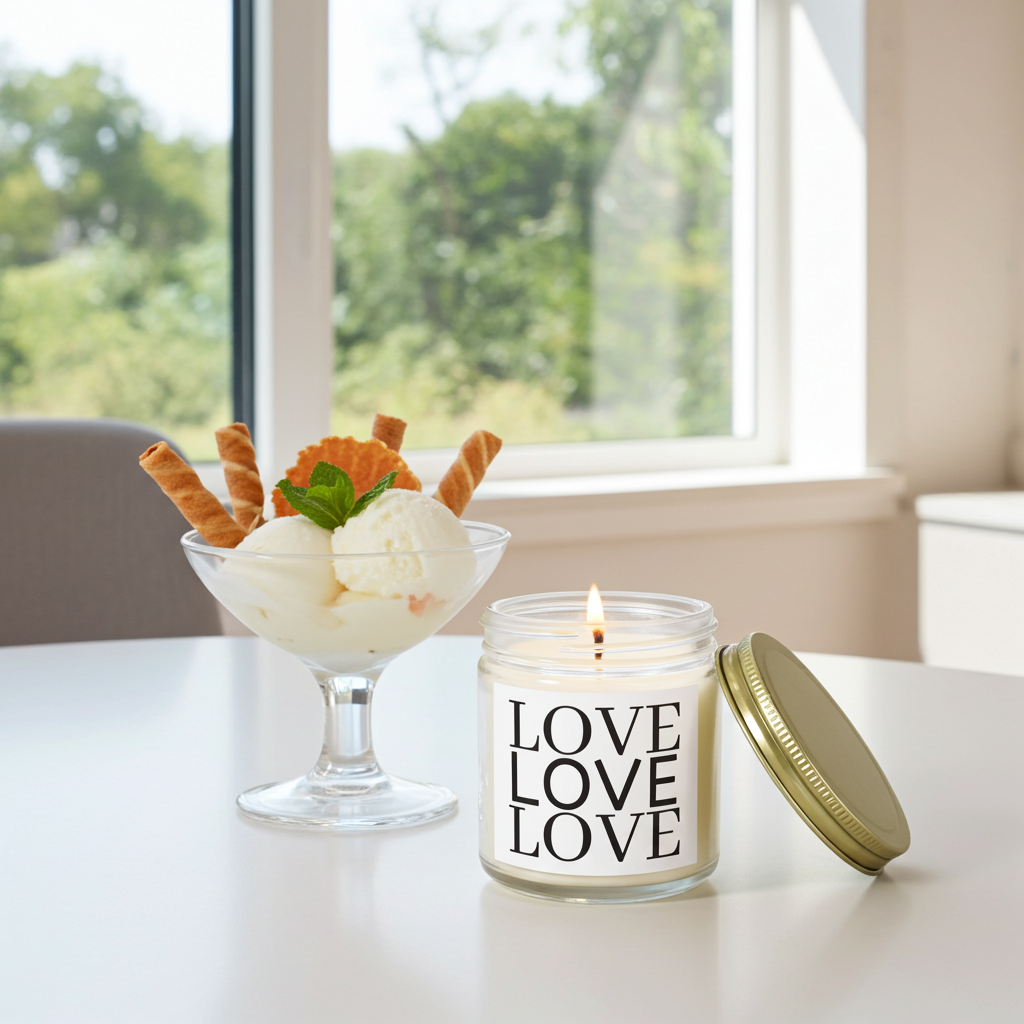 Candle labeled 'LOVE' next to a dessert on a table with a window in the background