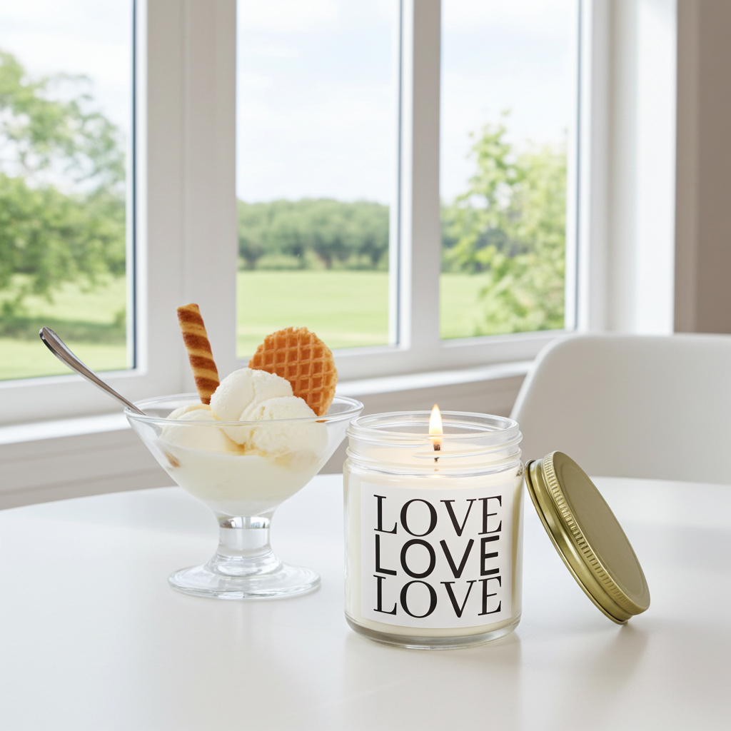 Candle with 'LOVE' text, ice cream sundae, and waffle cone on a table with a window view.