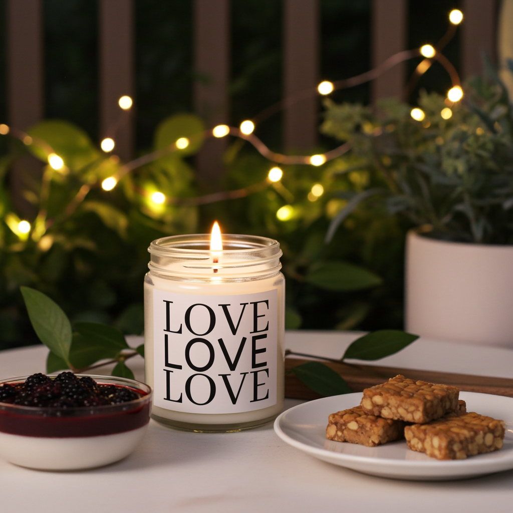 Candle with 'LOVE' text, blackberries, and cookies on a table with string lights and plants in the background