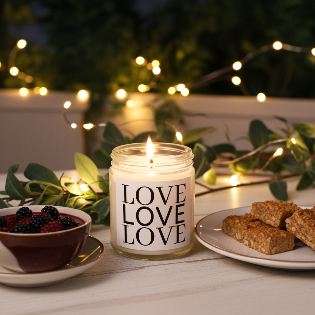 Candle labeled 'LOVE' with a bowl of berries and cookies on a wooden table with string lights in the background.