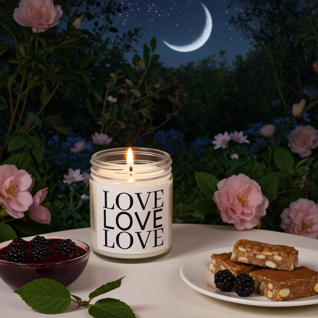 Candle labeled 'LOVE LOVELOVE' with a plate of snacks and a bowl of berries on a night-time outdoor setting with flowers and a crescent moon.