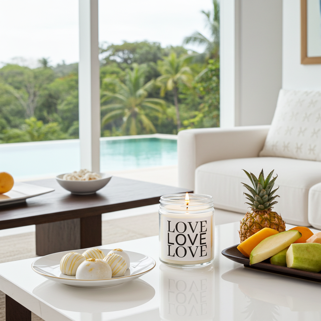 A lit scented candle in a clear glass jar with the word 'LOVE' repeated in black on the front, styled on a white table in a bright modern living room with fruit, a plate of pastries, and a sofa in the background.