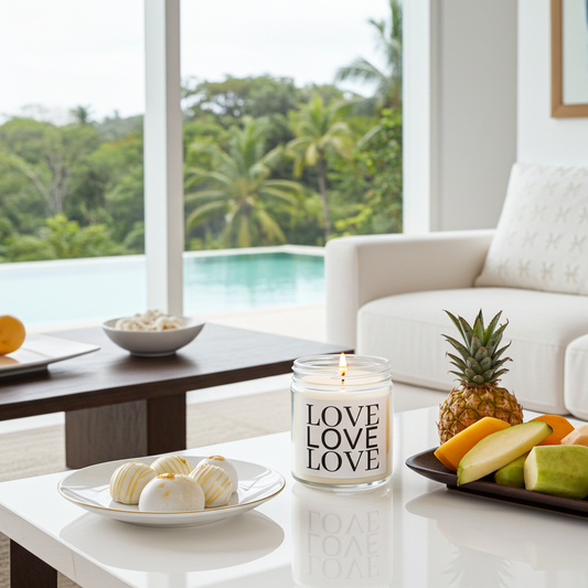 A lit scented candle in a clear glass jar with the word 'LOVE' repeated in black on the front, styled on a white table in a bright modern living room with fruit, a plate of pastries, and a sofa in the background.