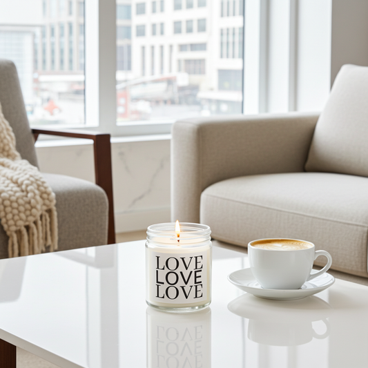 A lit glass jar candle with the word 'LOVE' printed four times in black on the front sits on a glossy white coffee table next to a white cup of cappuccino in a modern living room setting.