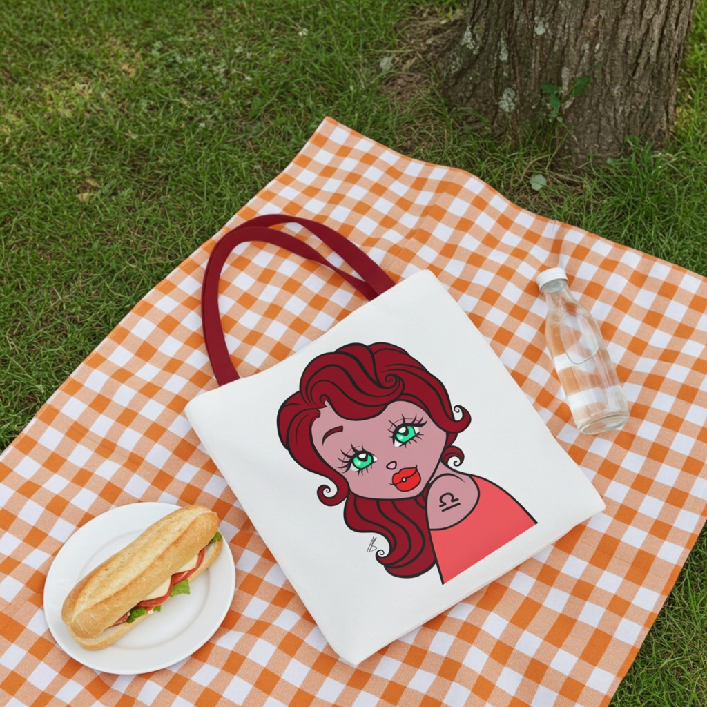 White bag with a Libra design on a checkered blanket outdoors