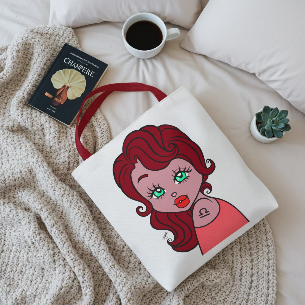 White bag with a libra character on a bed with coffee and book