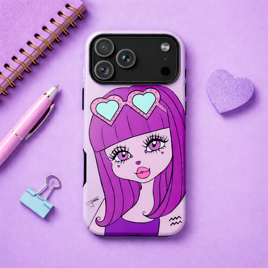 An iphone 17 pro max case with an Aquarius character on a purple desk with purple decor.