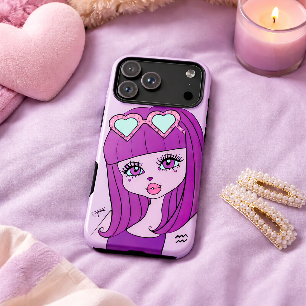 An iphone 17 pro max case with an Aquarius character on a purple bed with purple decor.