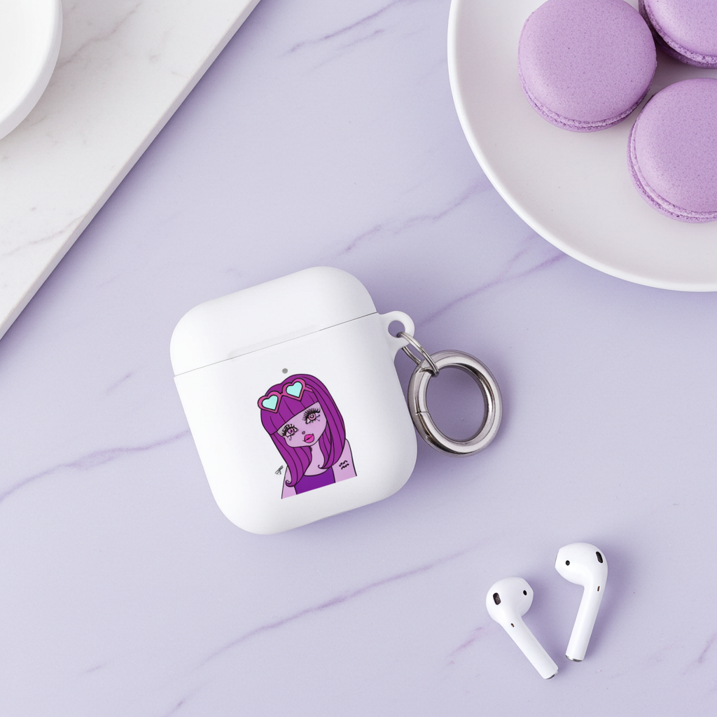 White airpod case with an Aquarius character design on a light purple surface with macarons.