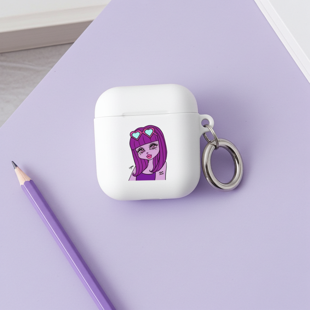 White airpod case with an Aquarius character design on a purple surface with a pencil.