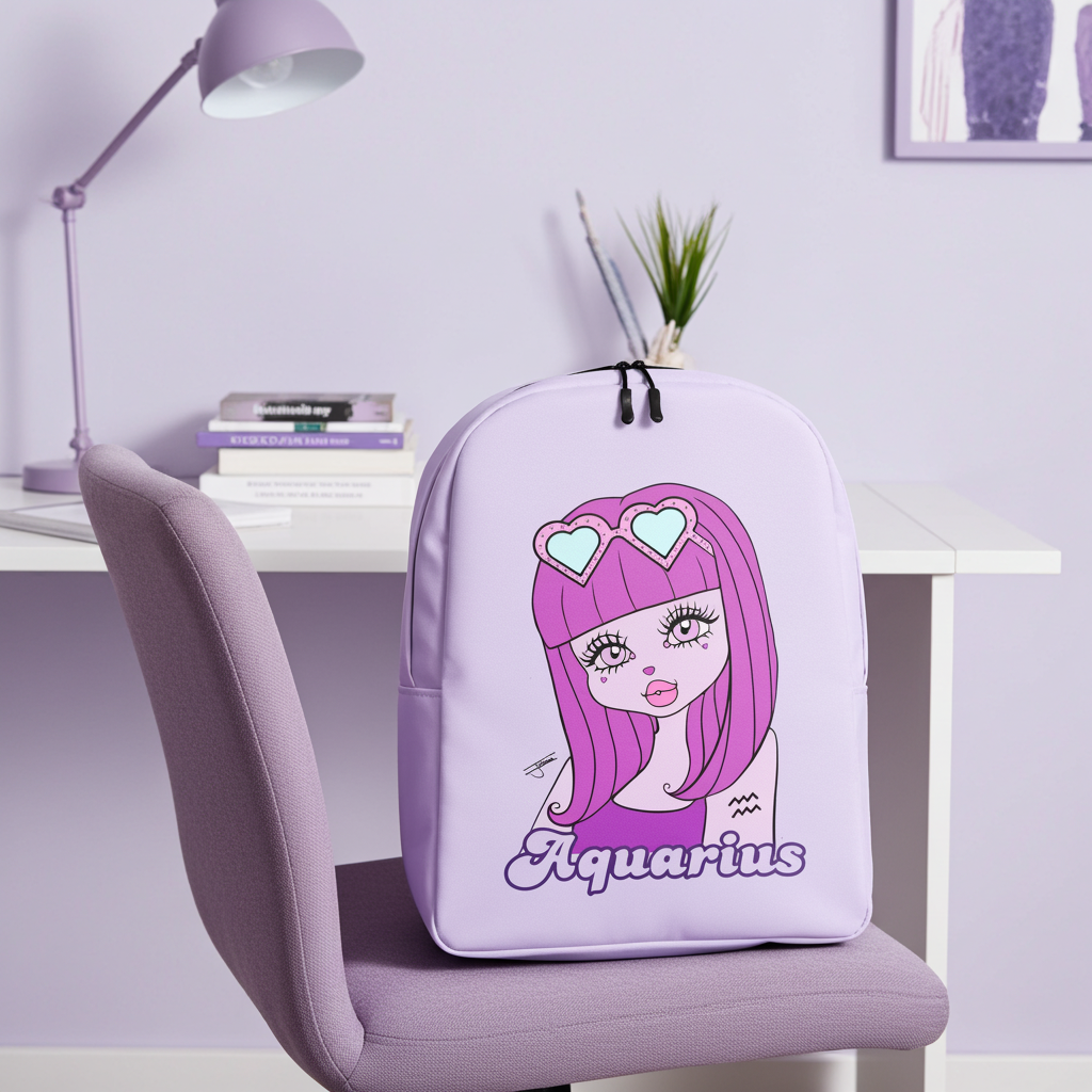 Purple backpack with Aquarius design on a chair in a purple room setting