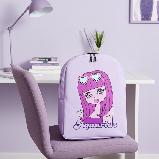 Purple backpack with Aquarius design on a chair in a purple room setting