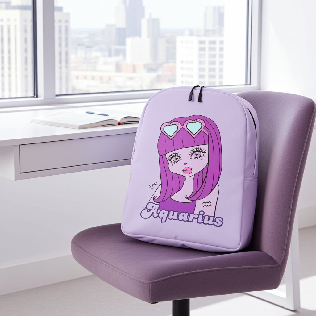 Purple Aquarius-themed bookbag on a chair in a room with a desk and window.