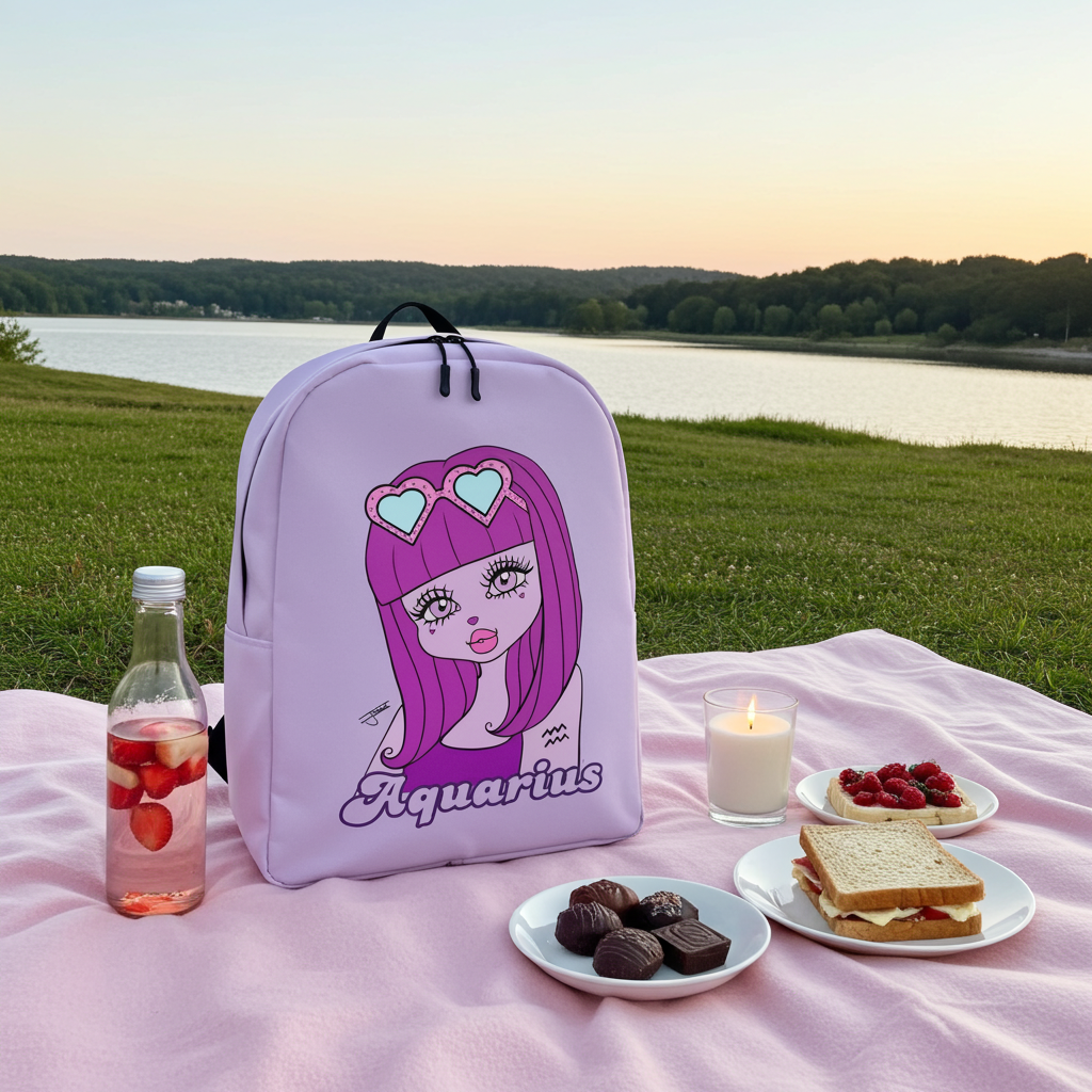 Backpack with Aquarius character design on a picnic blanket by a lake