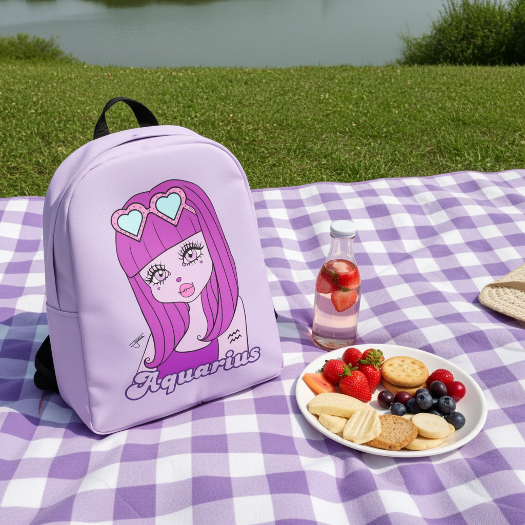 Purple backpack with an Aquarius design on a picnic blanket with food and drinks.