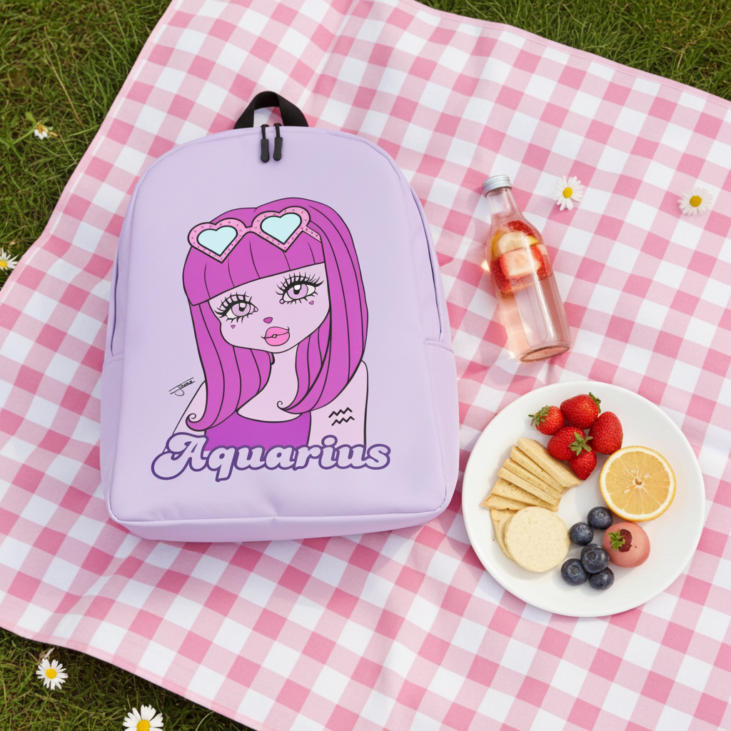 Backpack with Aquarius design on a pink checkered blanket with a plate of snacks and a bottle.