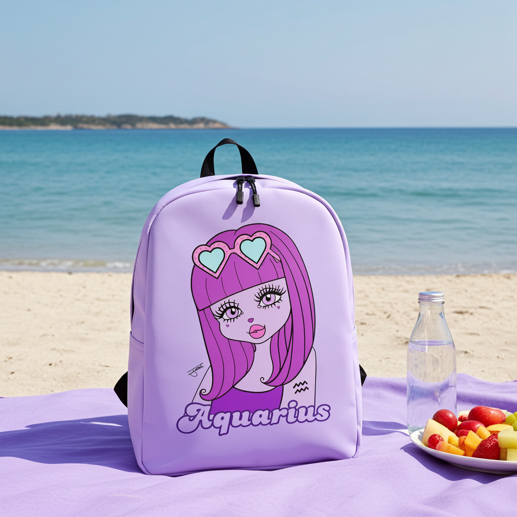 A lavender purple backpack with an Aquarius character and the word 'Aquarius' printed on the front, set on a beach blanket with the ocean and sand in the background. A glass bottle and a plate of fruit are also on the blanket.