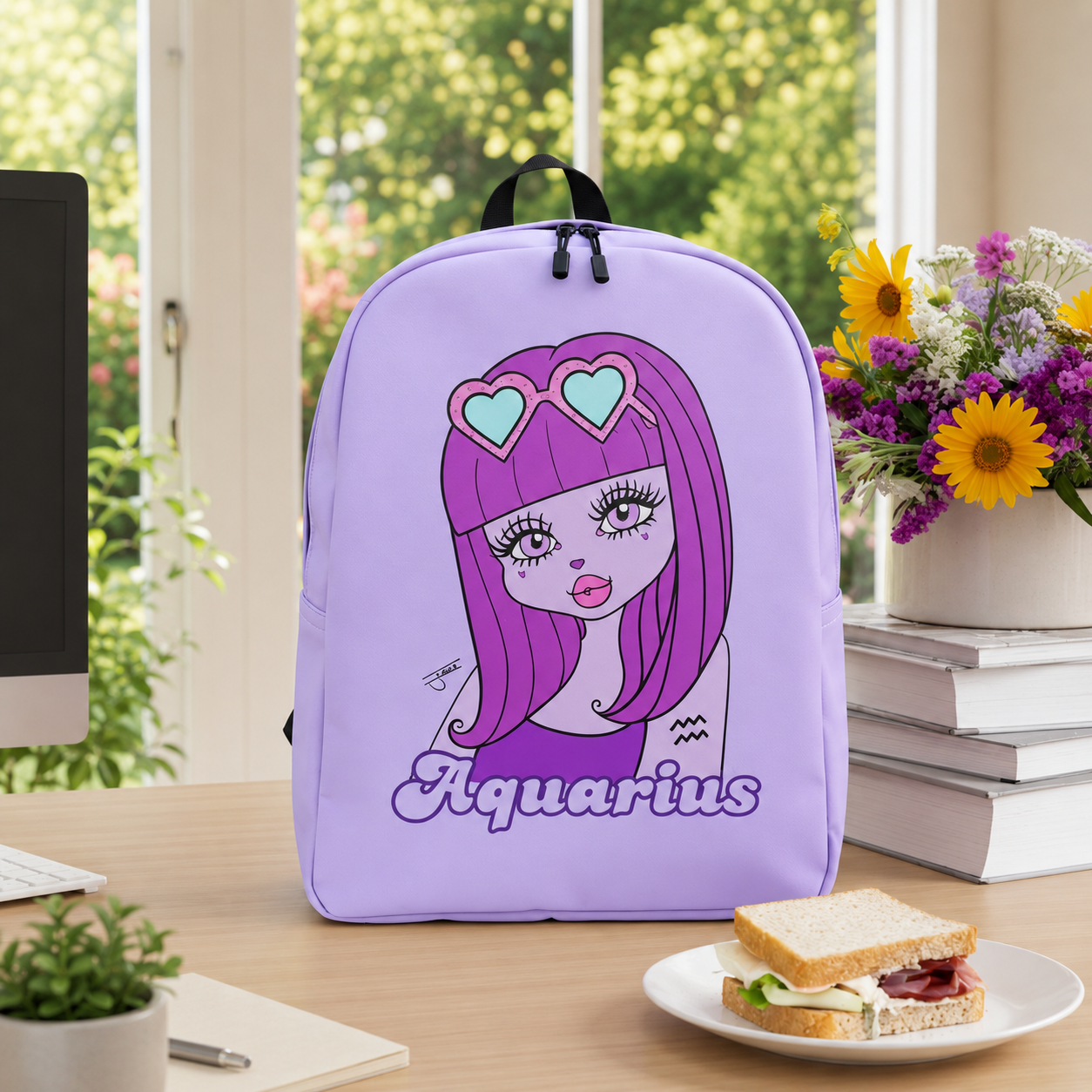 A lavender purple backpack with a cartoon Aquarius zodiac graphic, displayed on a wooden desk in a bright, modern room setting with a window, flowers, and a sandwich.
