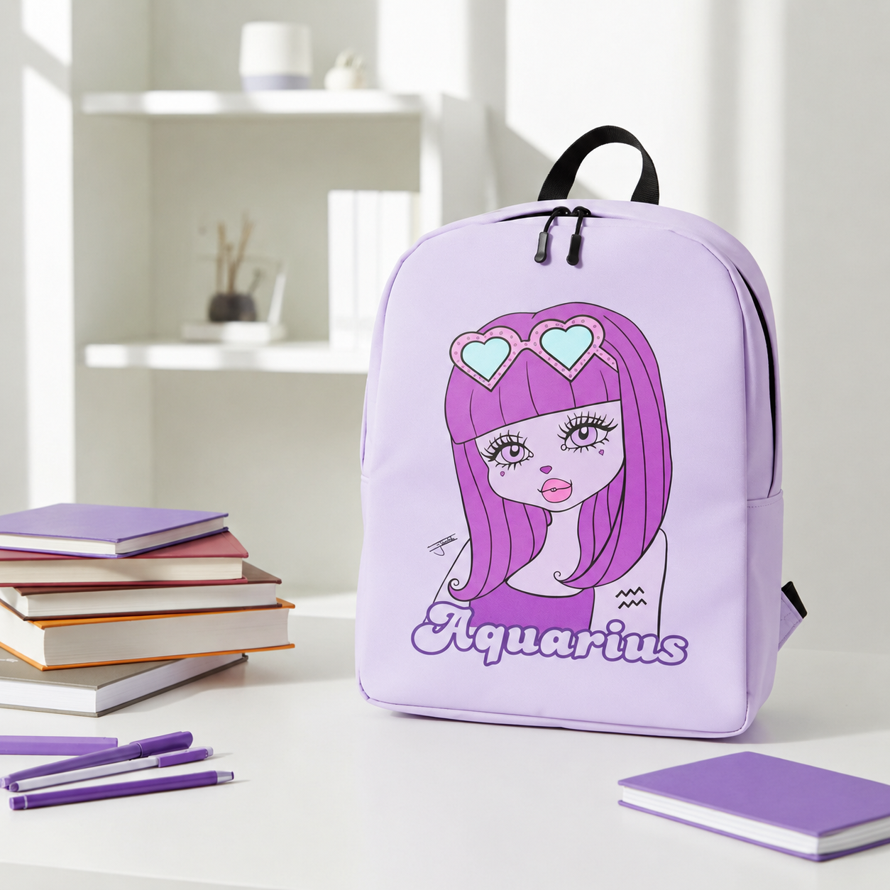 A light purple backpack with a cartoon Aquarius character and the word 'Aquarius' printed on the front, displayed on a white desk with books, notebooks, and pens in a bright room.