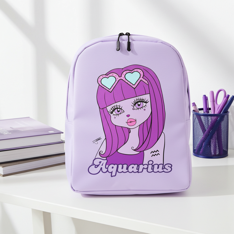 A lavender purple backpack featuring a cartoon illustration of an Aquarius girl with purple hair and heart-shaped sunglasses, sitting on a white desk next to books and a purple pencil holder.