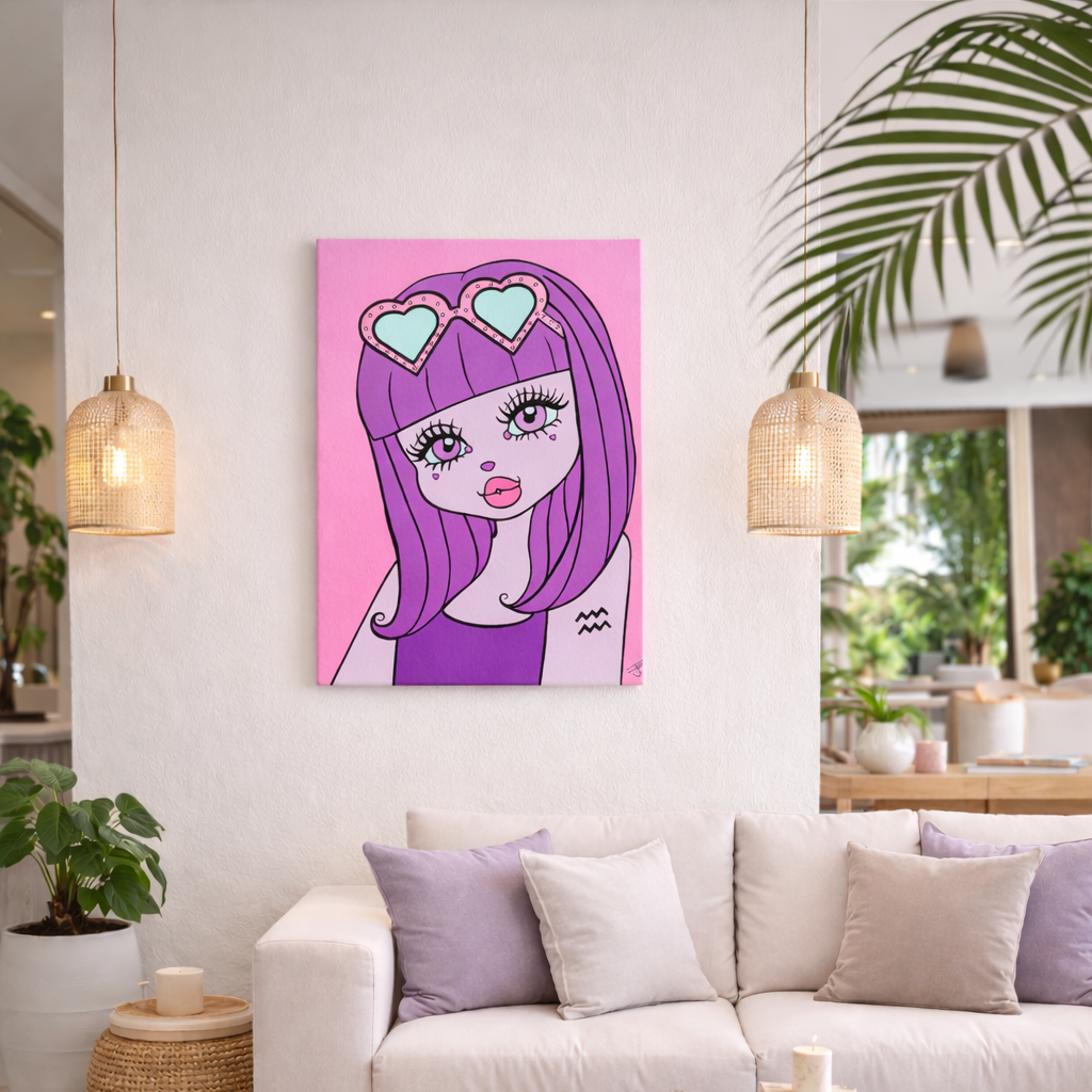 Modern living room with a colorful painting of an Aquarius woman on the wall.
