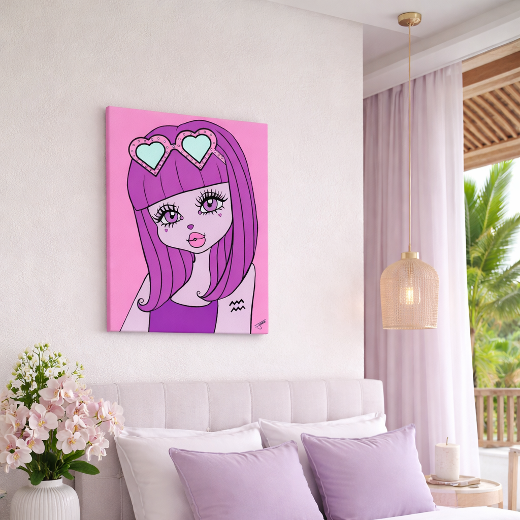 Bedroom with an Aquarius art canvas above a bed with purple pillows.