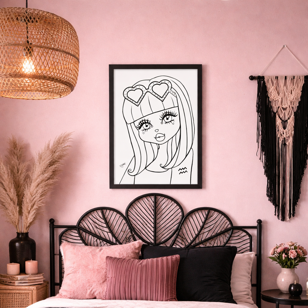 Framed poster with an Aquarius Character in a bedroom with pink walls, black and white bedspread, and decorative elements.