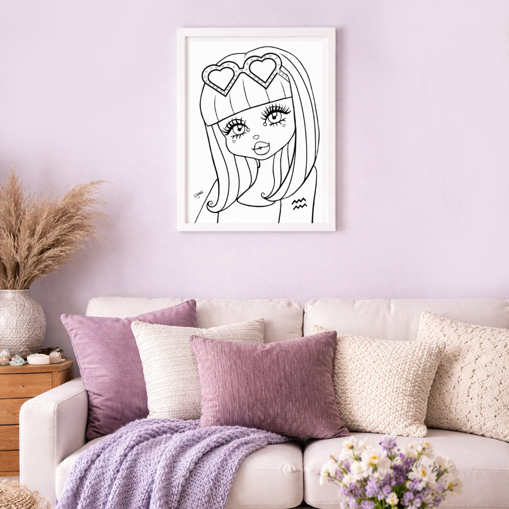 Framed poster with an Aquarius Character in a living room with a white sofa, purple throw blanket, and decorative pillows.