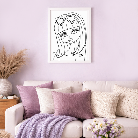 Framed poster with an Aquarius Character in a living room with a white sofa, purple throw blanket, and decorative pillows.