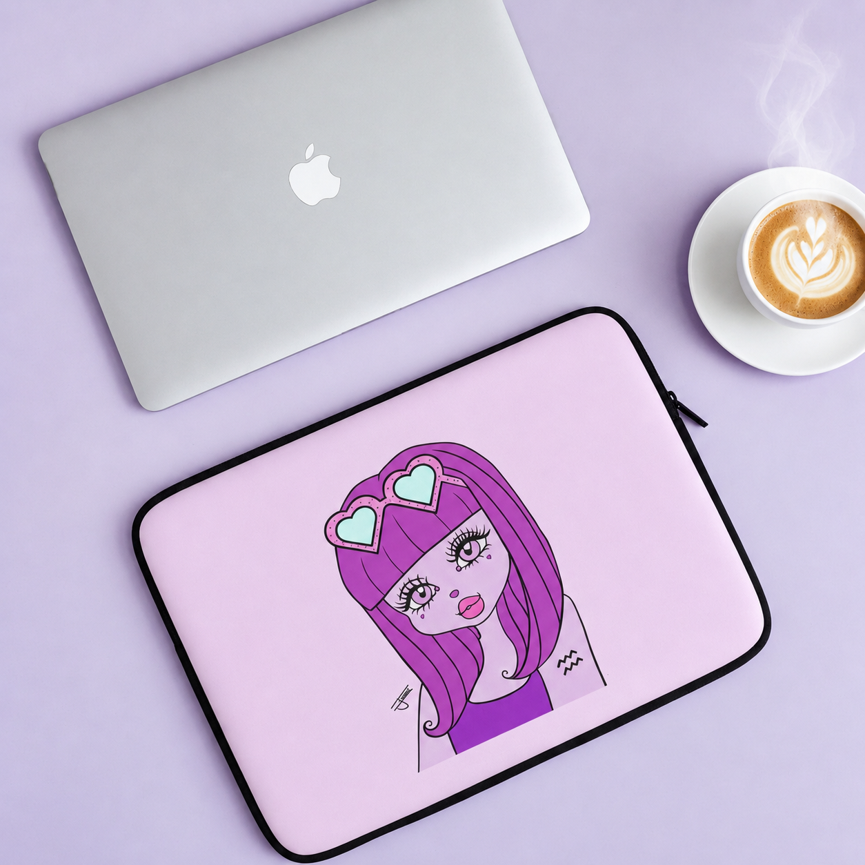 Laptop sleeve featuring an Aquarius character on a purple surface with a laptop and coffee.