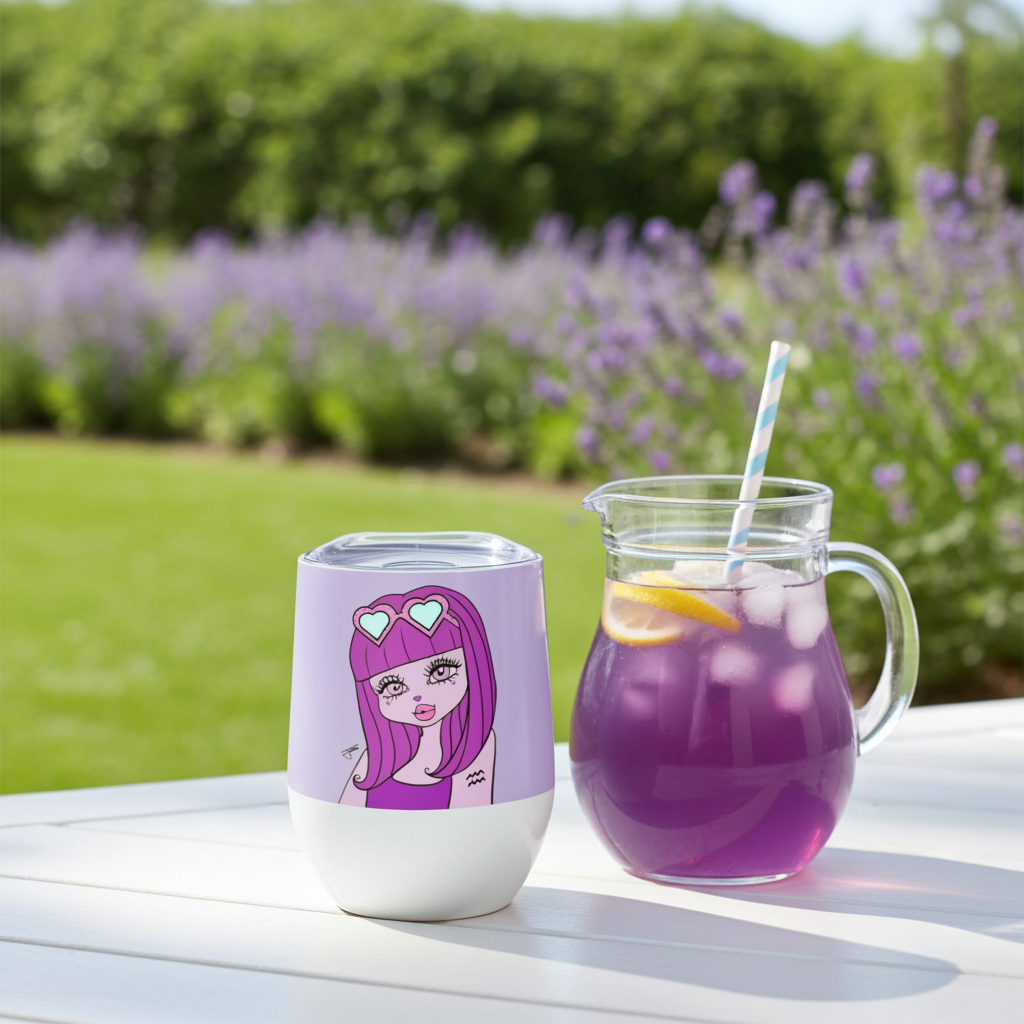 Tumbler with an Aquarius character design next to a pitcher of purple lemonade in a garden setting