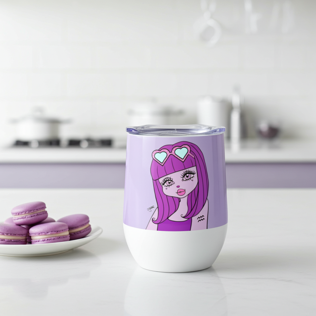 Tumbler with a purple design of an Aquarius Character on a white surface with macarons.