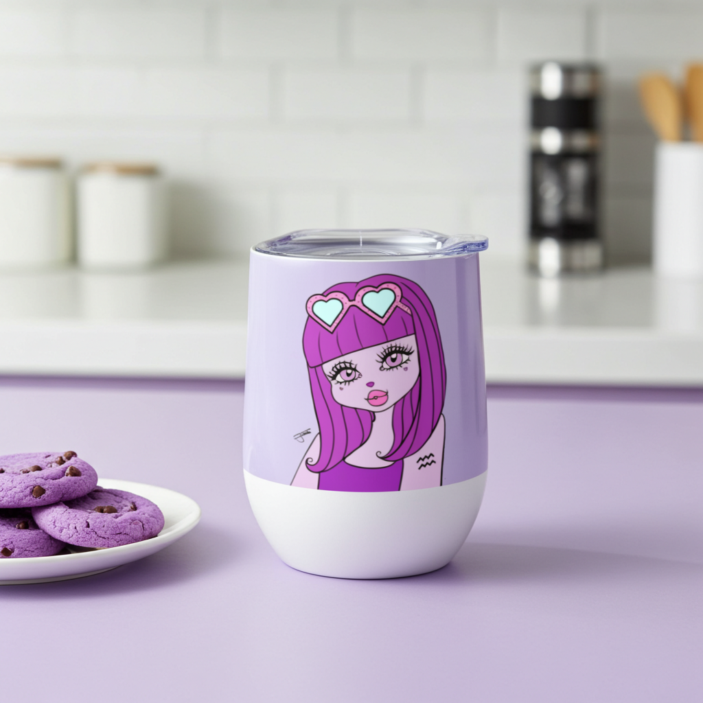 Mini tumbler with an Aquarius character on a purple surface with cookies.