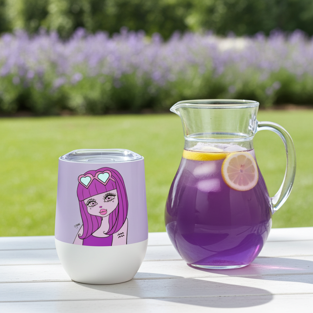 Purple tumbler with an Aquarius character design and glass pitcher with purple liquid on a table outdoors.
