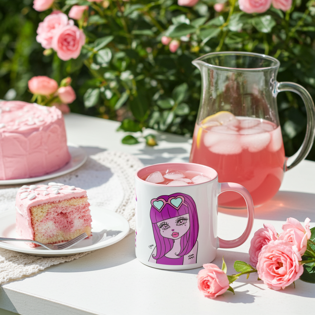 Pink cake, mug with aa aquarius character design, and pink lemonade on a table with flowers in the background