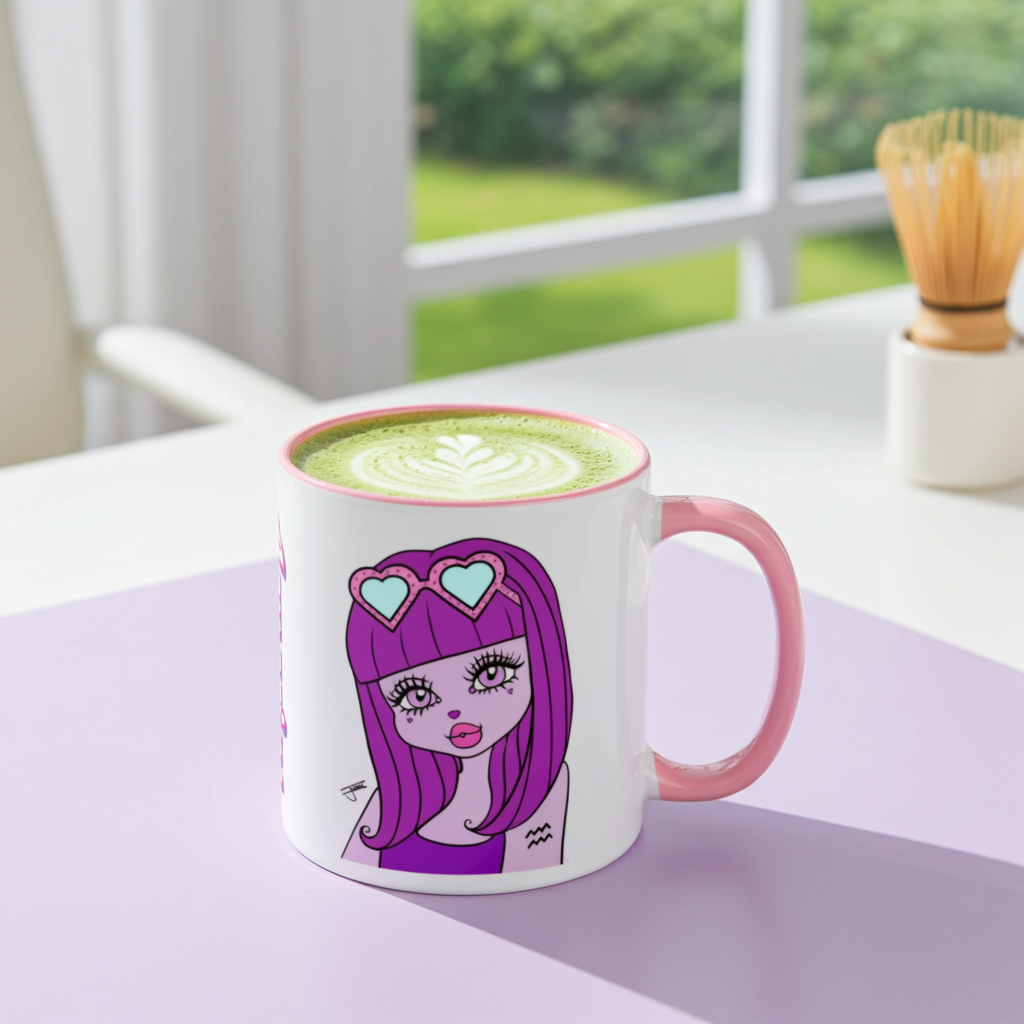 Mug with Aquarius character design on a table with a blurred outdoor background