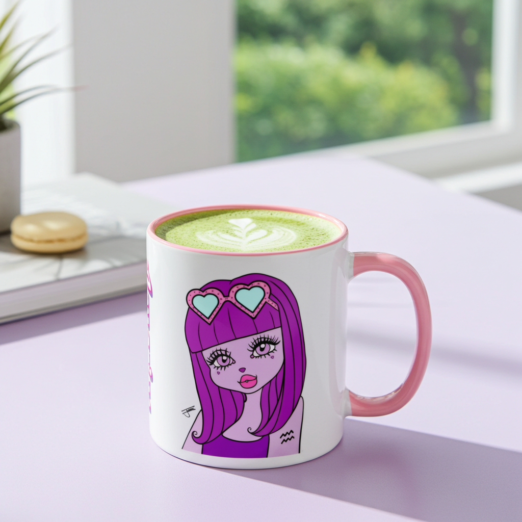 Mug with a colorful design of an Aquarius character with purple hair on a desk with a blurred green outdoor background.