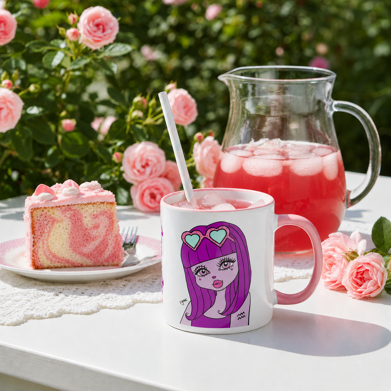 Pink marble cake, mug with an Aquarius character design, and pitcher of pink lemonade on a table with flowers in the background.