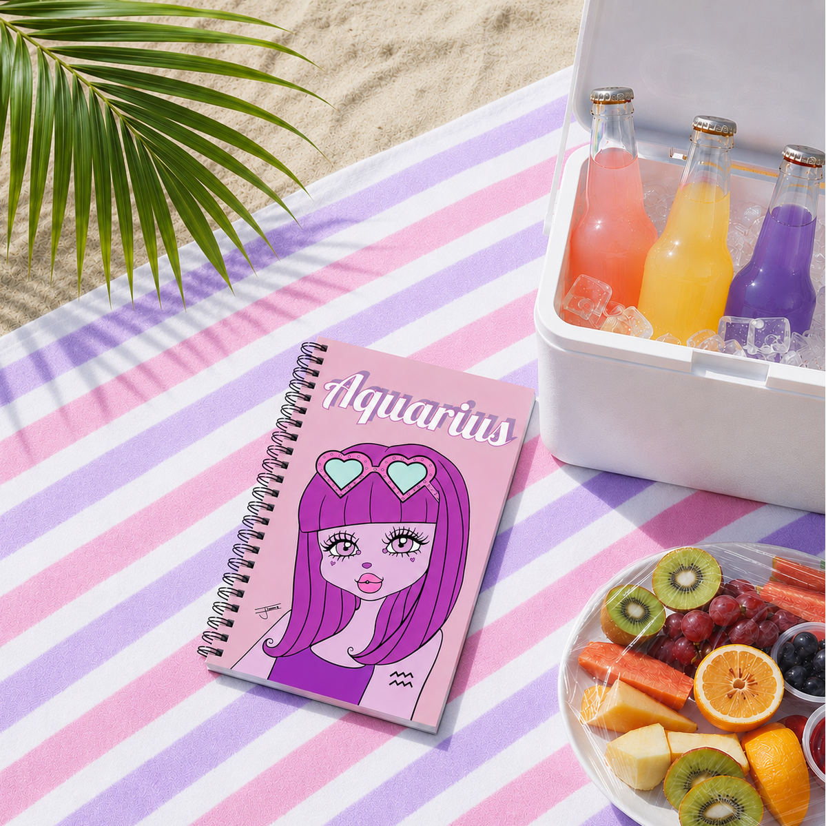 Notebook with Aquarius design on a striped towel with drinks and fruit plate.